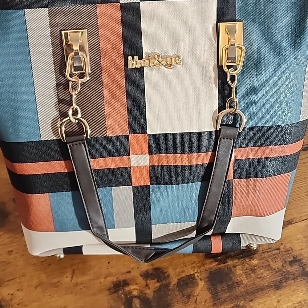 FIRM PRICE Mei & Ge Geometric Plaid multi-piece handbag 6 Pc set Multicolor